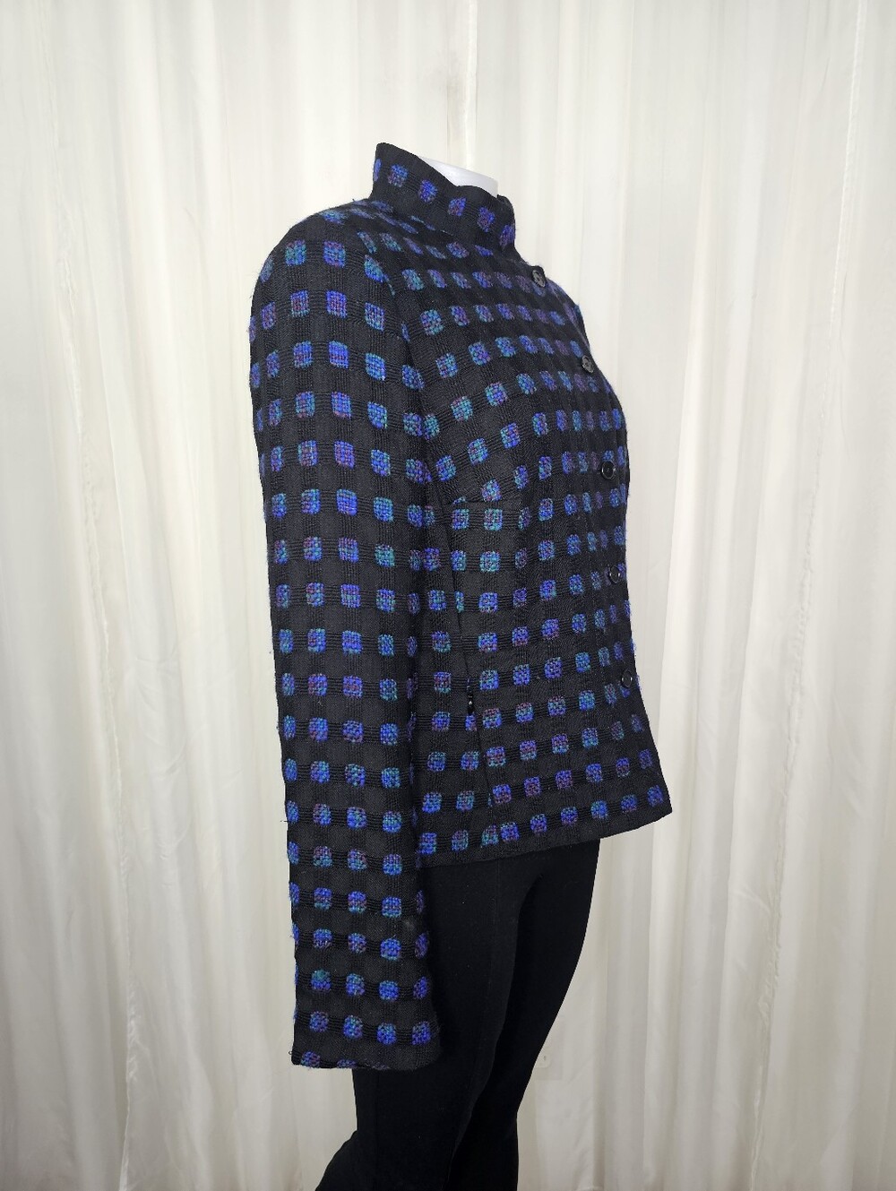 Akris Punto Black Plaid Geometric Wool Evening Jacket Blue 12 - Picture 3 of 7